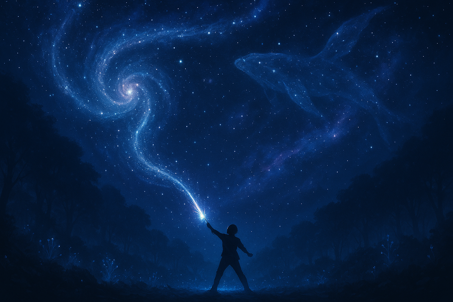 Person reaching toward a cosmic galaxy