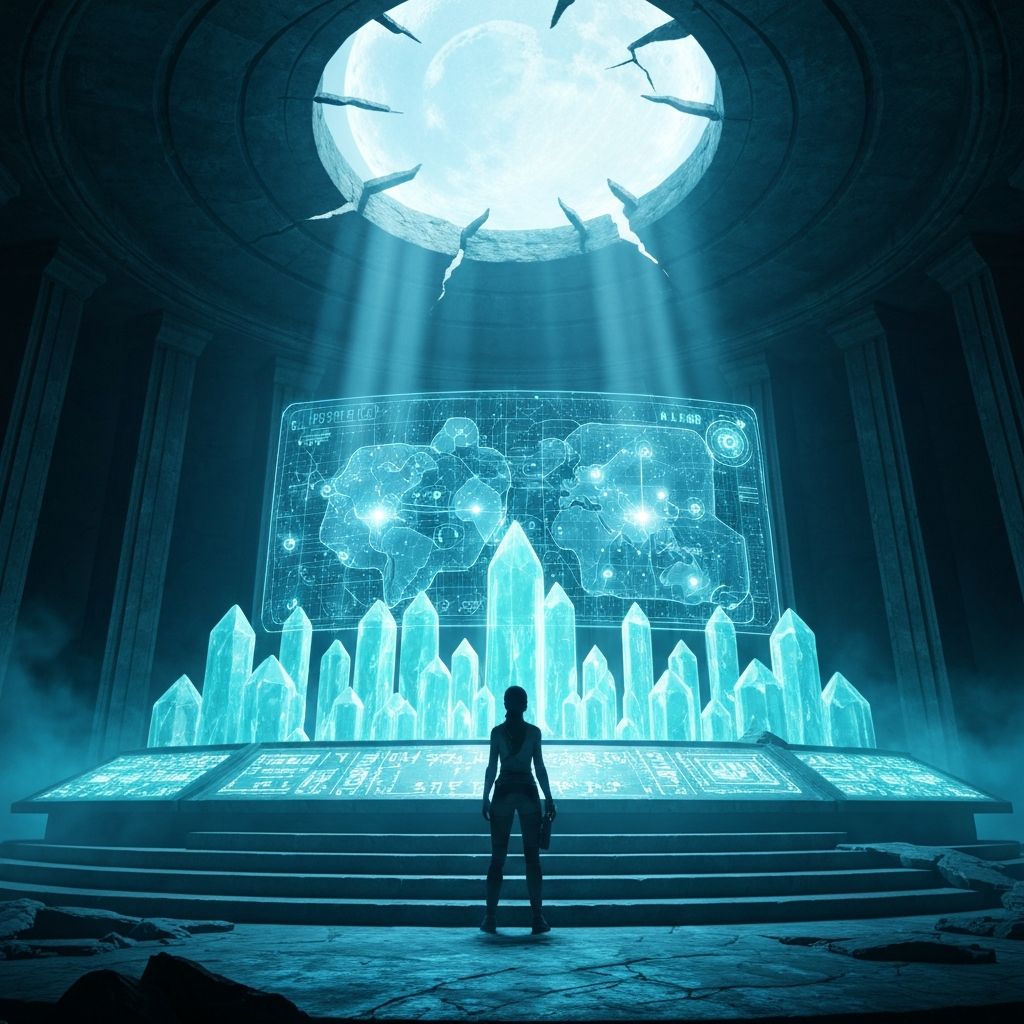 Ancient citadel with holographic map visualization